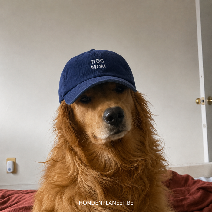 Een golden retriever met een blauwe Dog Mom-pet aan het water.