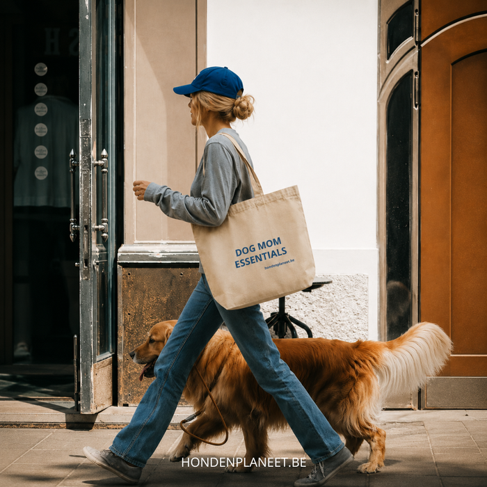 Een hondenliefhebber draagt de Dog Mom Essentials-tas tijdens een stadswandeling met haar hond.