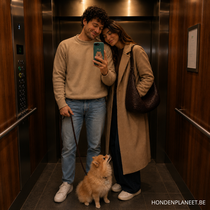 Een koppel met hun hond en een gepersonaliseerd telefoonhoesje in de spiegel.